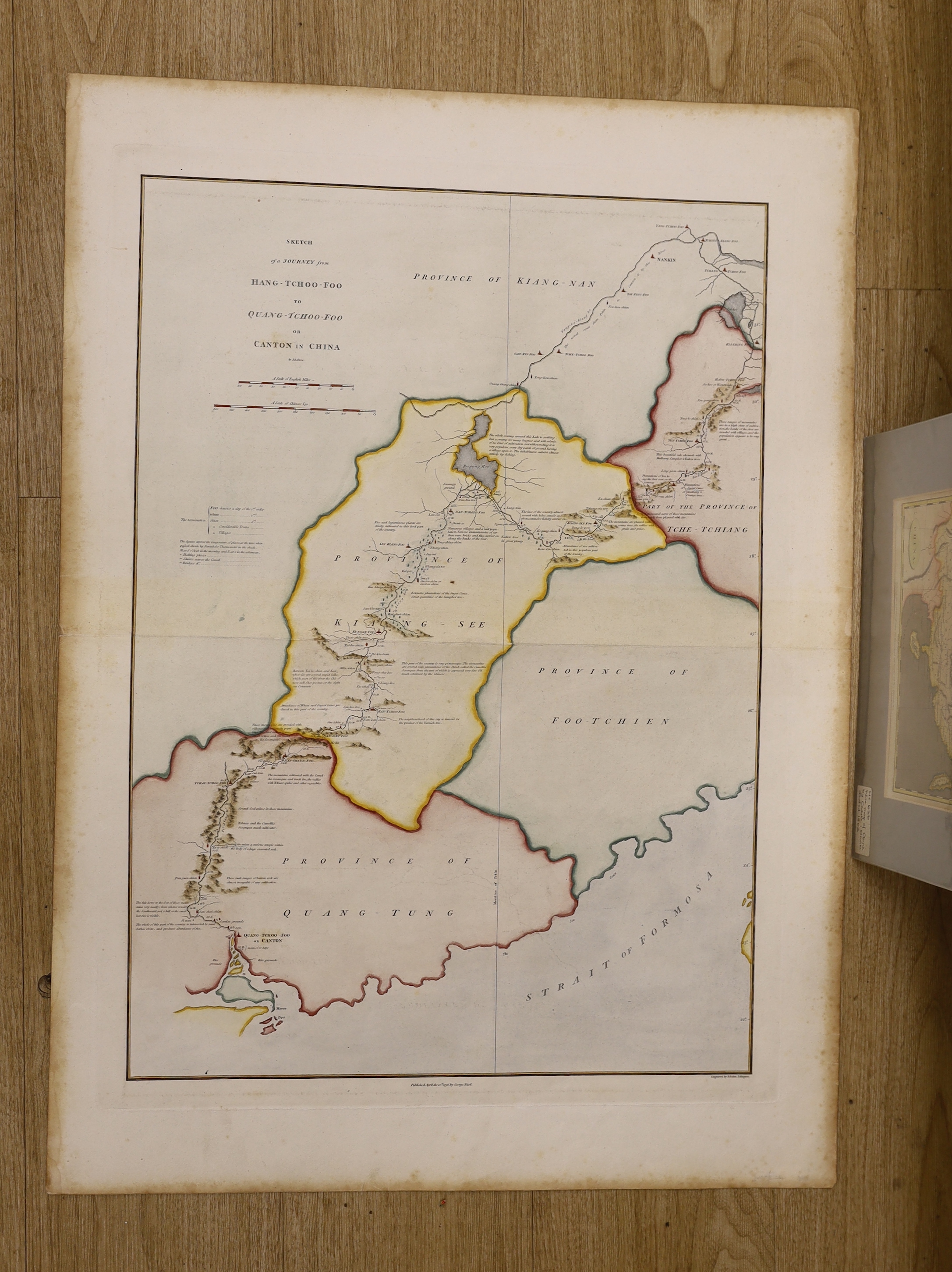 Two maps of China comprising, J. Barrow, Sketch of a Journey from Hang-Tchoo-Foo to Quang-Tchoo-Foo or Canton in China, pub. George Nicol, 1796, hand coloured engraved map, unframed and Cadell & Davies, China, publ. Marc